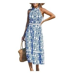 CUPSHE Women's Midi Dress Blue & White Ornate Halterneck Sleeveless Summer Dress